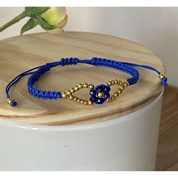 Handmade Blue Macrame Bracelet Gold Beads Flower Adjustable Boho Jewelry Gift - Picture 7 of 11